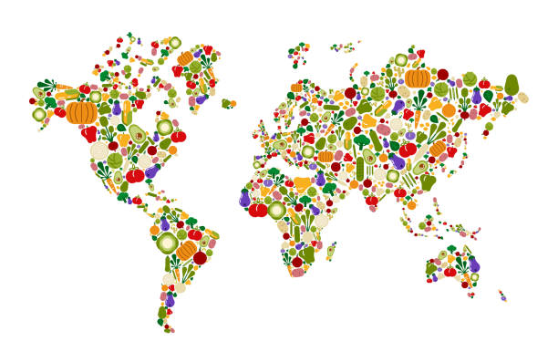 Carte du Monde représenté par des fruits et légumes.