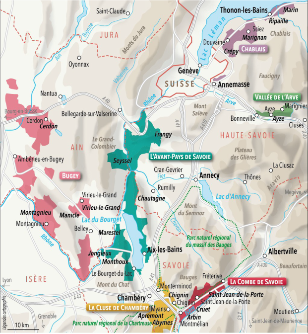 Carte représentant le vignoble de la Savoie et du Bugey