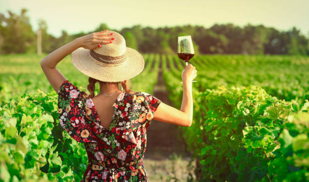 Dos d'une femme dans une vigne avec un verre de vin rouge à la main