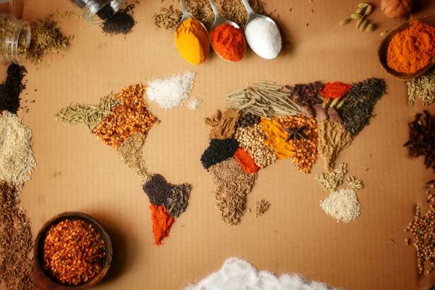 Une map monde déssinée avec les épices utilisés dans les différentes cuisines du monde.